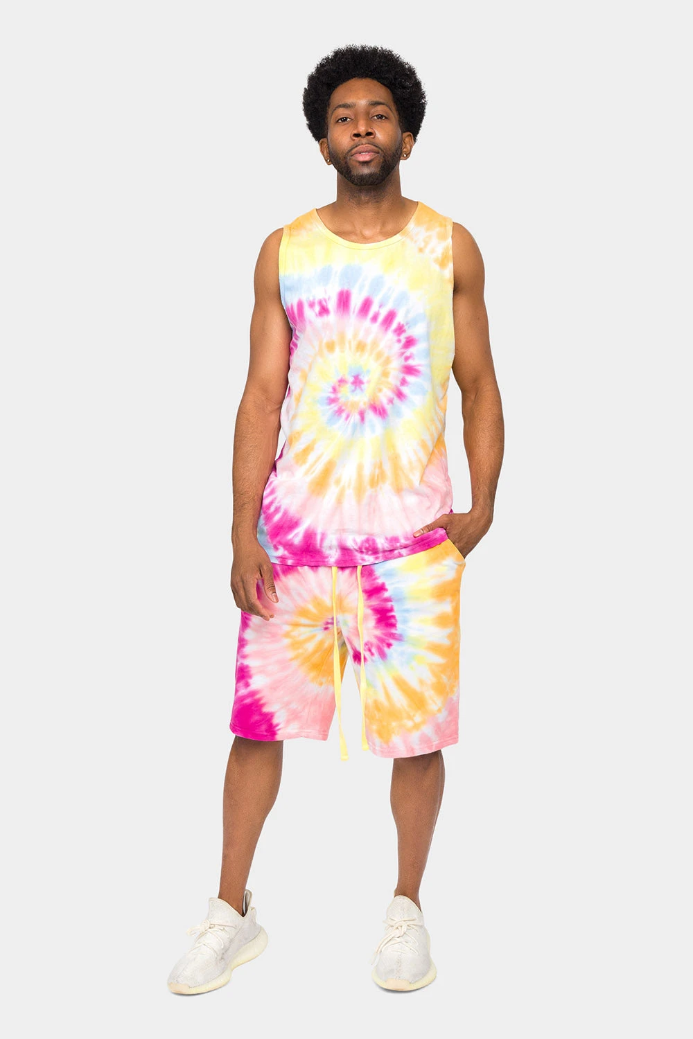 Pastel Contrast Swirl Tie Dye Cotton Tank Top Shorts Set - Image 7