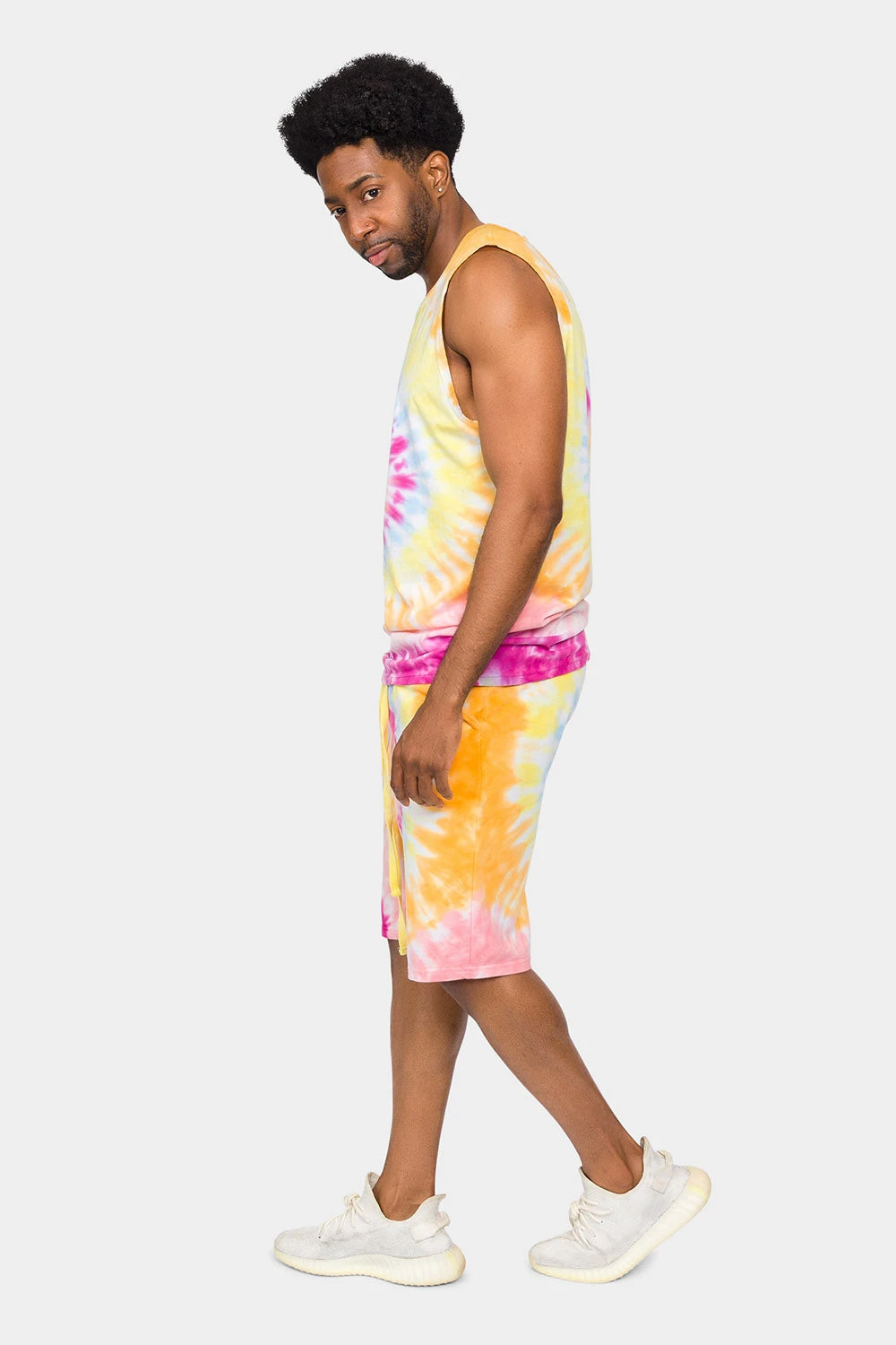 Pastel Contrast Swirl Tie Dye Cotton Tank Top Shorts Set - Image 8