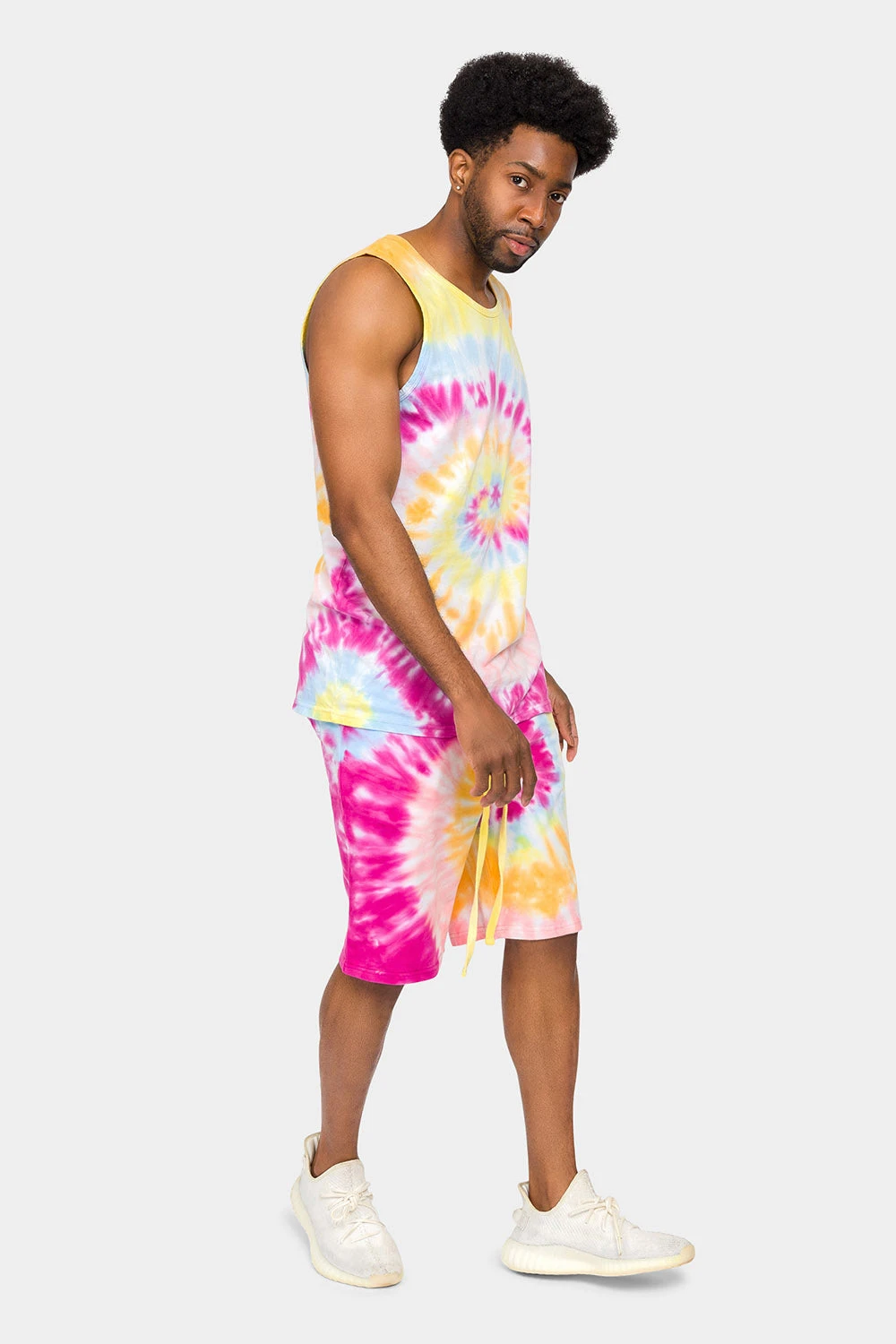 Pastel Contrast Swirl Tie Dye Cotton Tank Top Shorts Set - Image 10