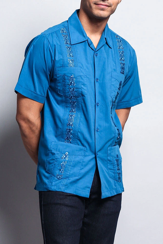 Men's Short Sleeve Cuban Style Guayabera Shirt (Blue) - Image 4