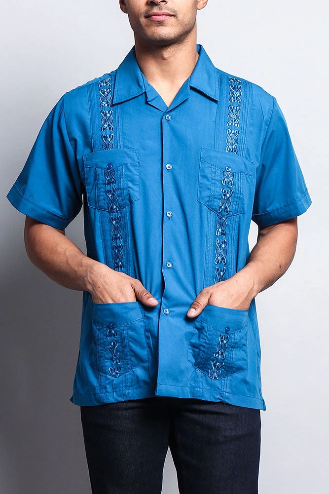 Men's Short Sleeve Cuban Style Guayabera Shirt (Blue) - Image 5