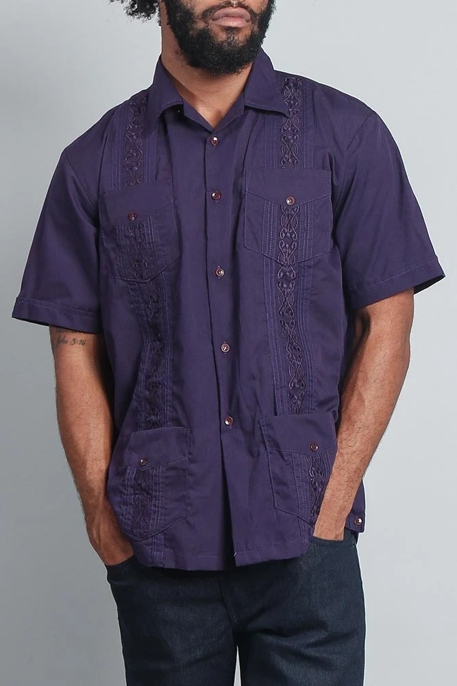 Men's Short Sleeve Cuban Style Guayabera Shirt (Dark Purple) - Image 2
