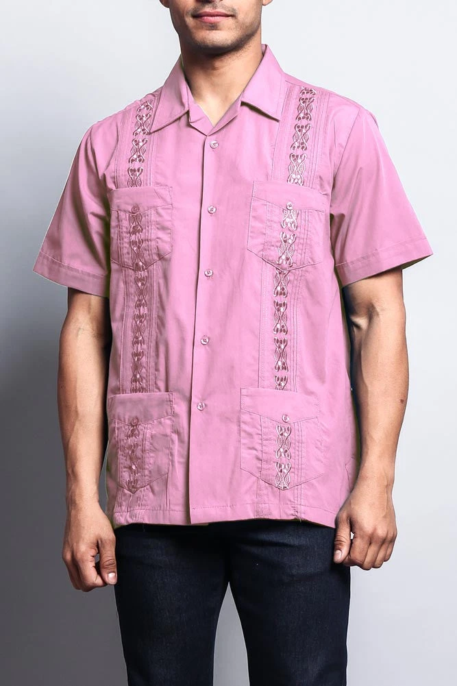 Men's Short Sleeve Cuban Style Guayabera Shirt (Pink)
