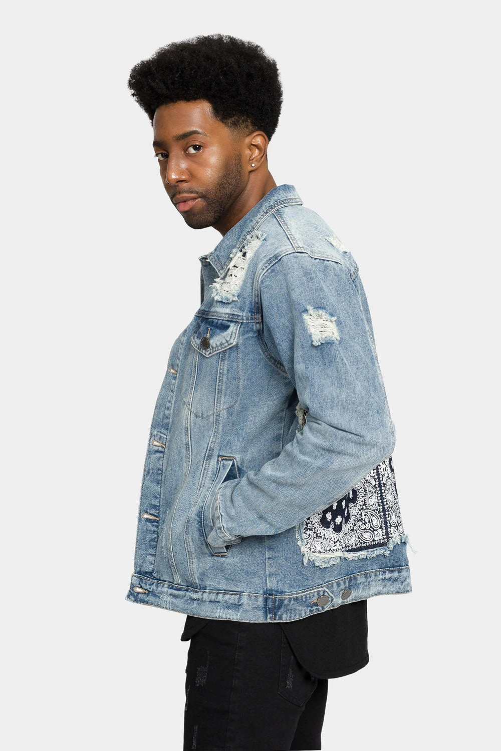 Distressed Bandana Paisley Patched Denim Jacket - Image 2