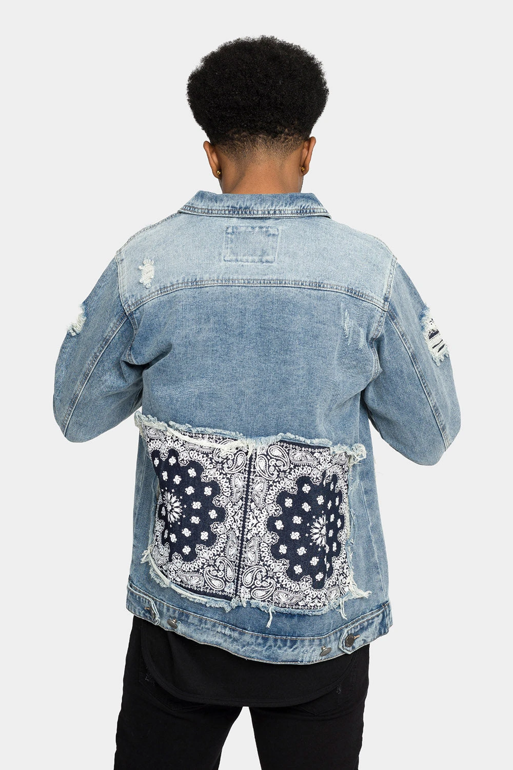 Distressed Bandana Paisley Patched Denim Jacket - Image 3