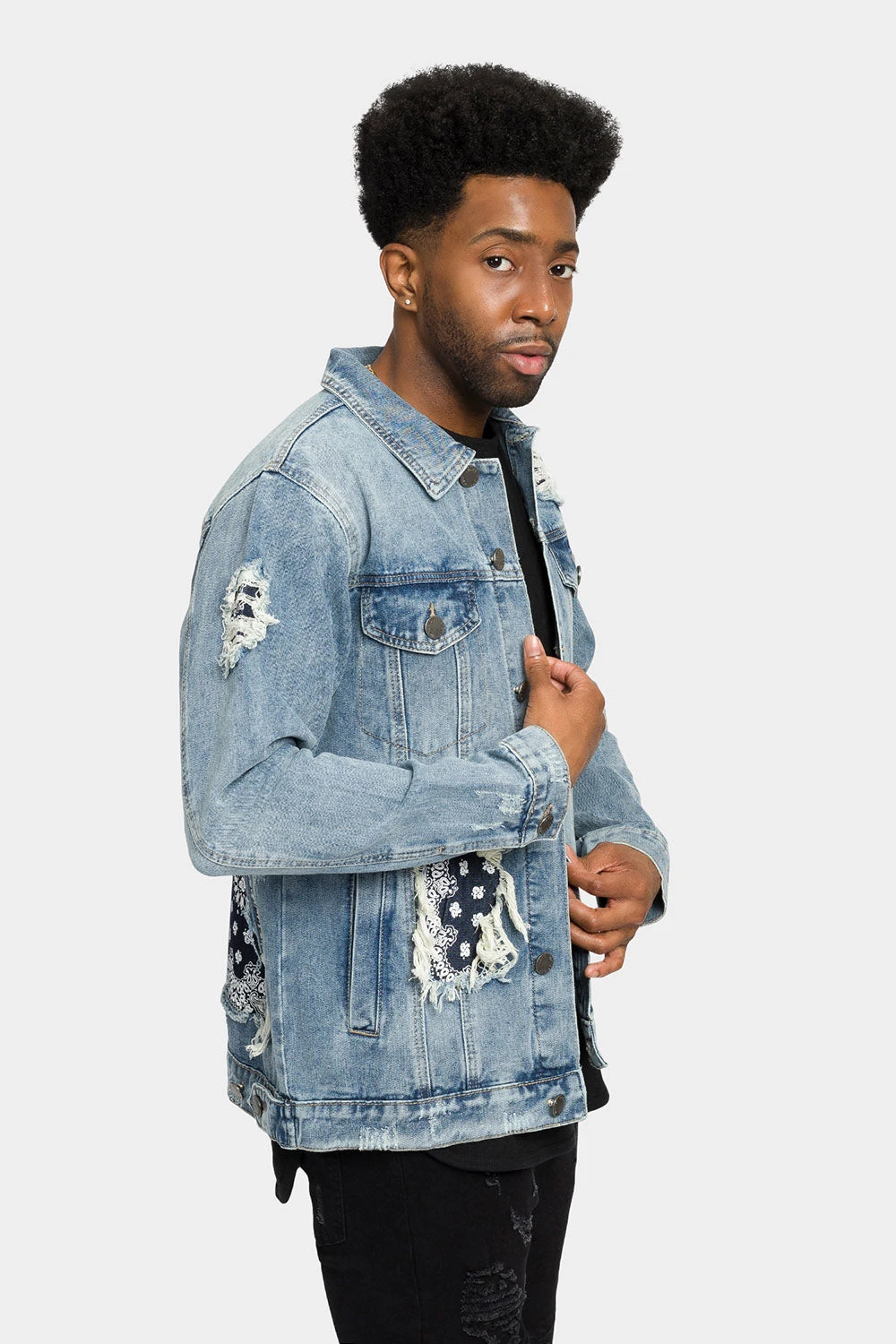 Distressed Bandana Paisley Patched Denim Jacket - Image 4