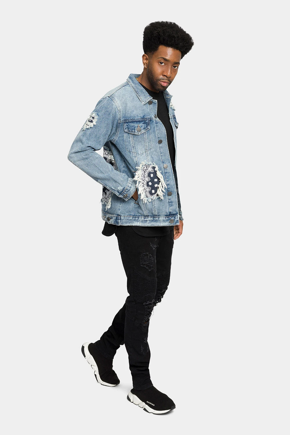 Distressed Bandana Paisley Patched Denim Jacket - Image 5