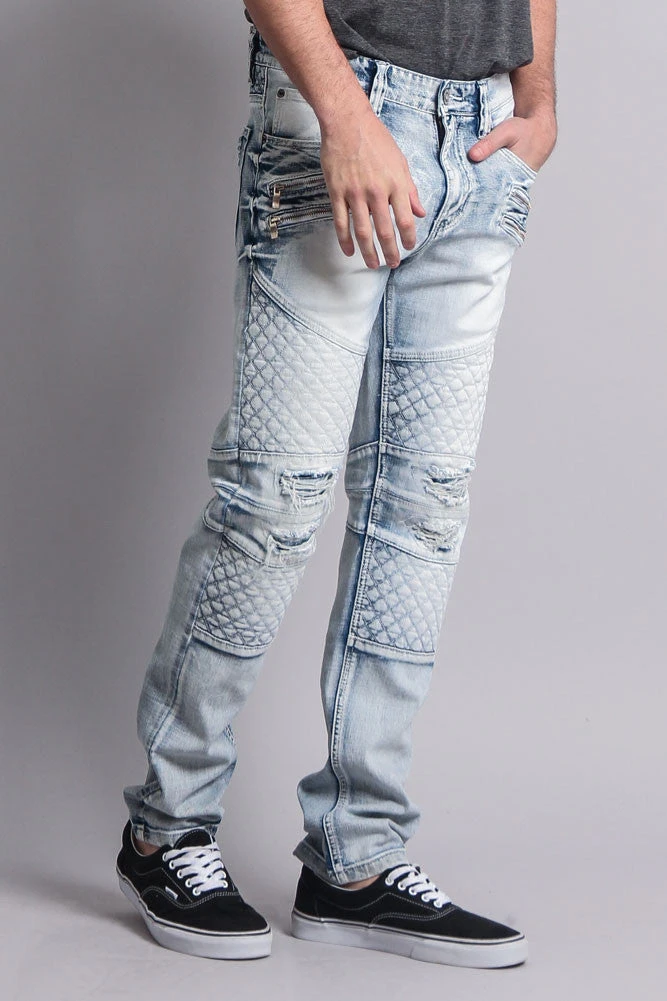 Quilted Ripped Washed Biker Jeans - Image 4