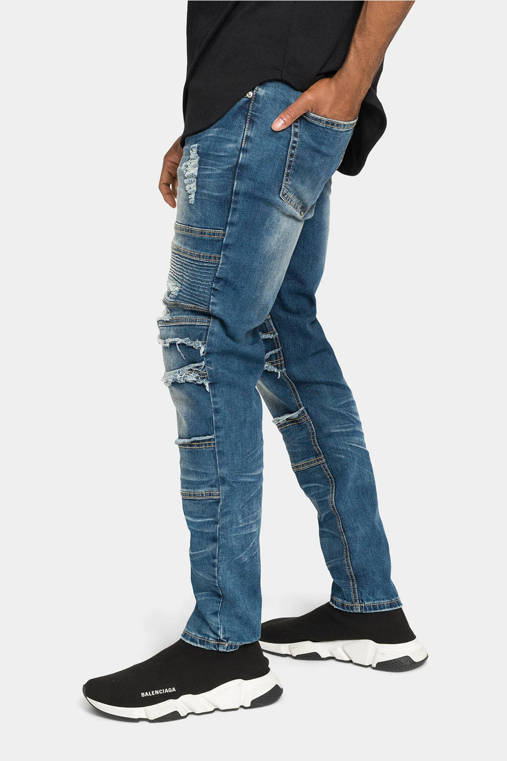 Distressed Stacked Biker Denim Jeans - Image 2