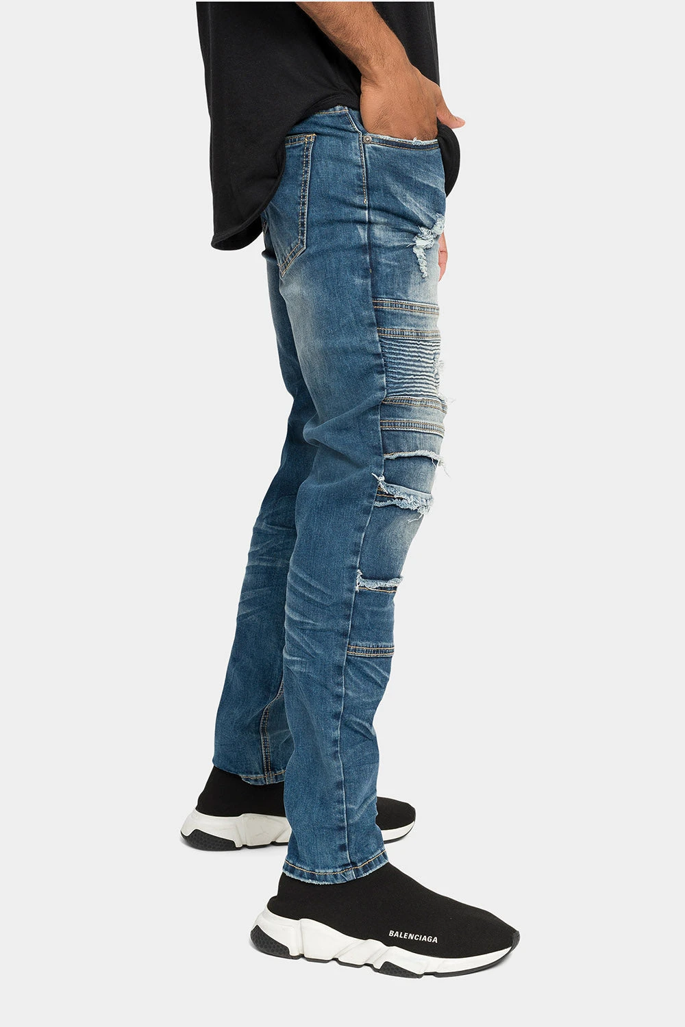 Distressed Stacked Biker Denim Jeans - Image 4