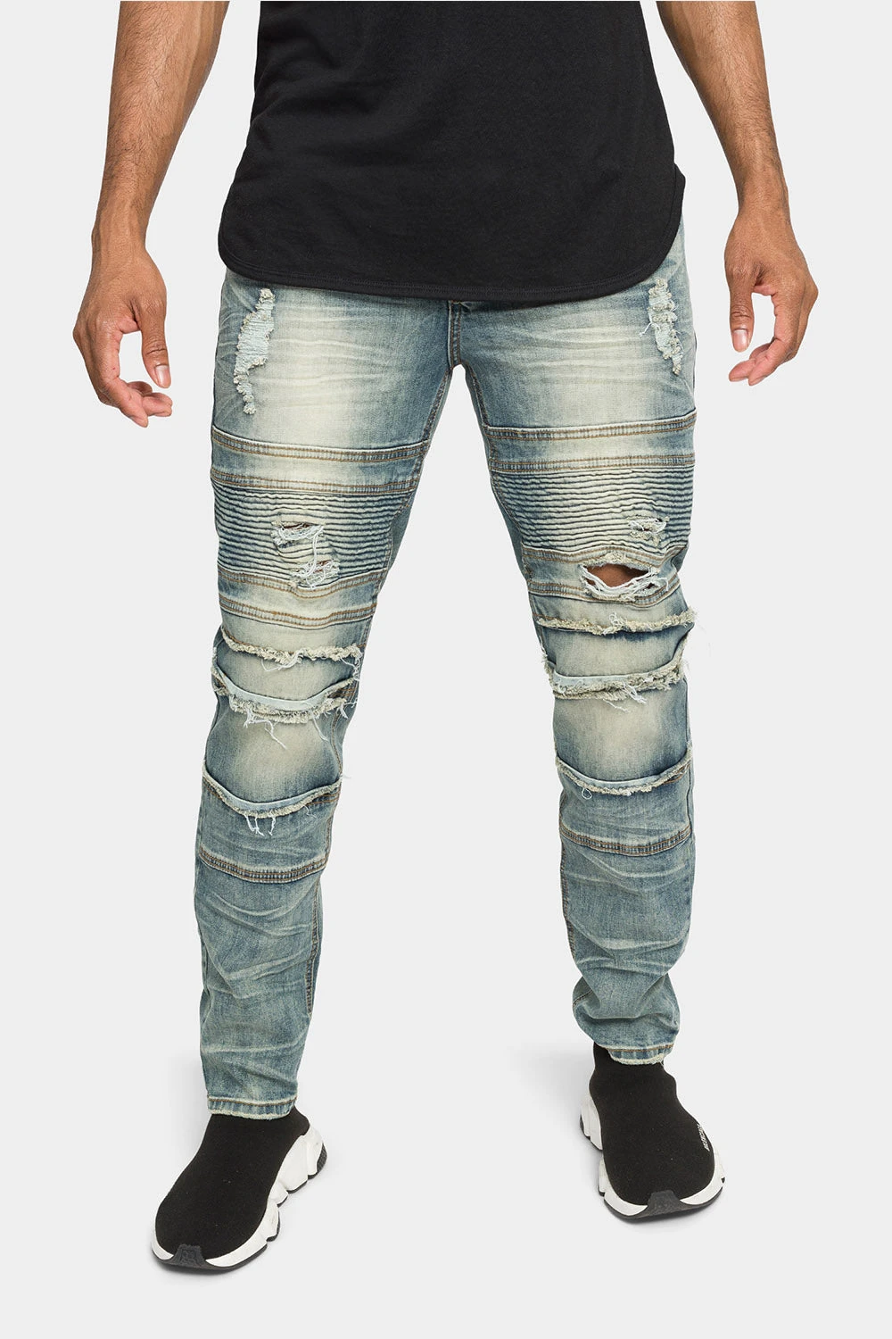 Distressed Stacked Biker Denim Jeans - Image 6