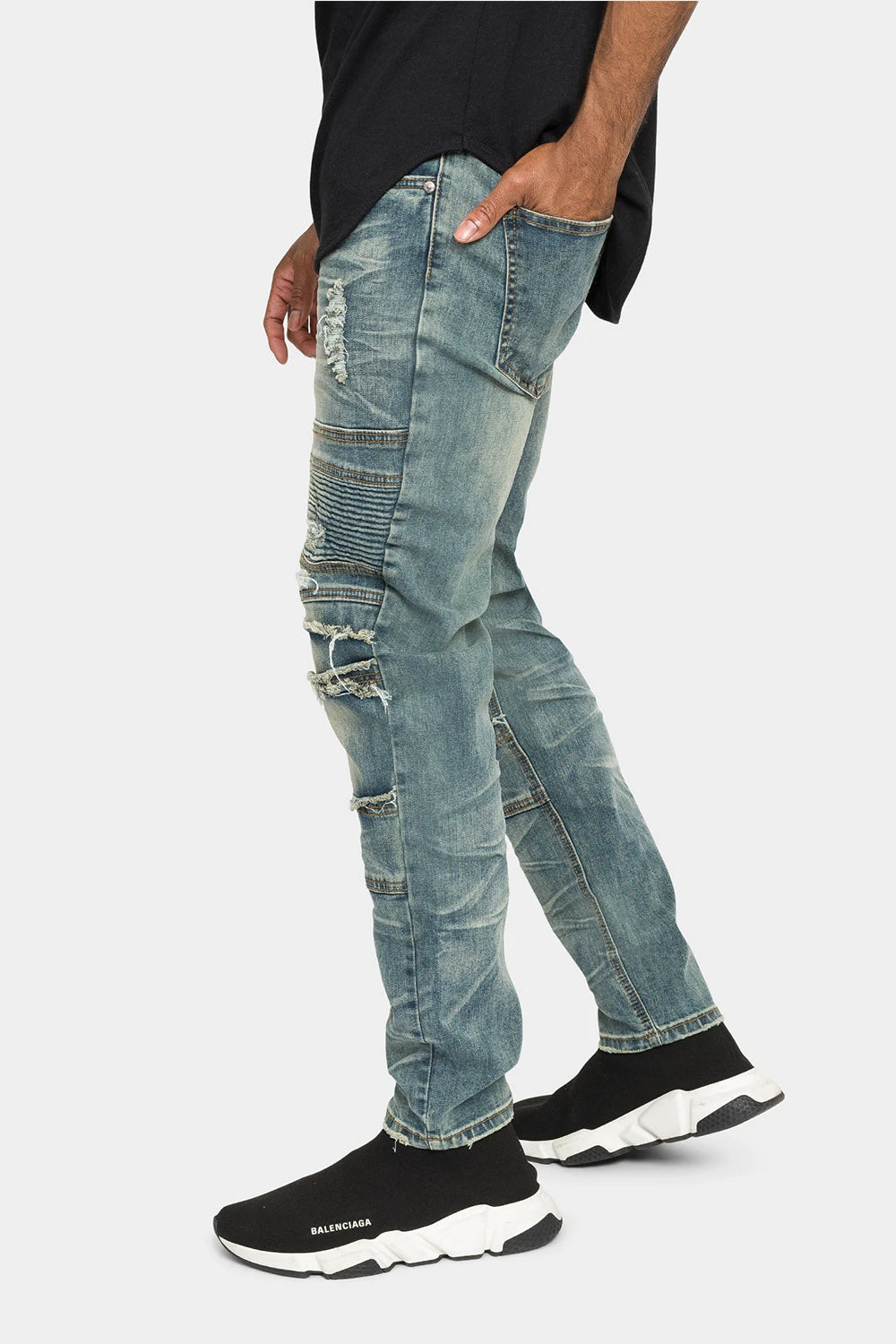 Distressed Stacked Biker Denim Jeans - Image 7