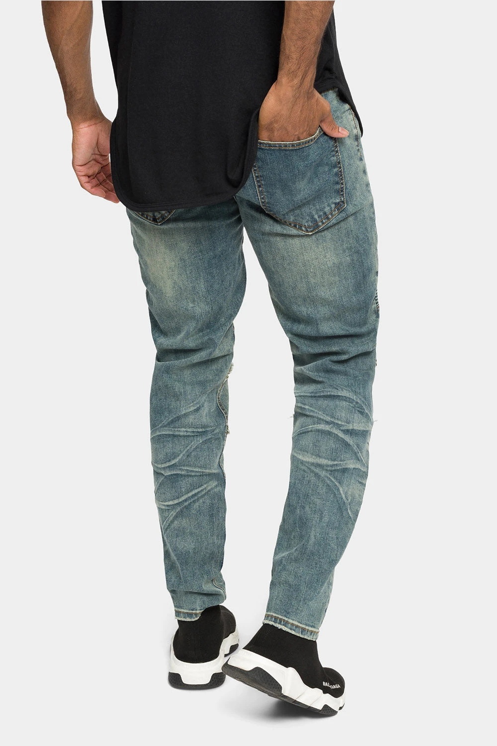 Distressed Stacked Biker Denim Jeans - Image 8