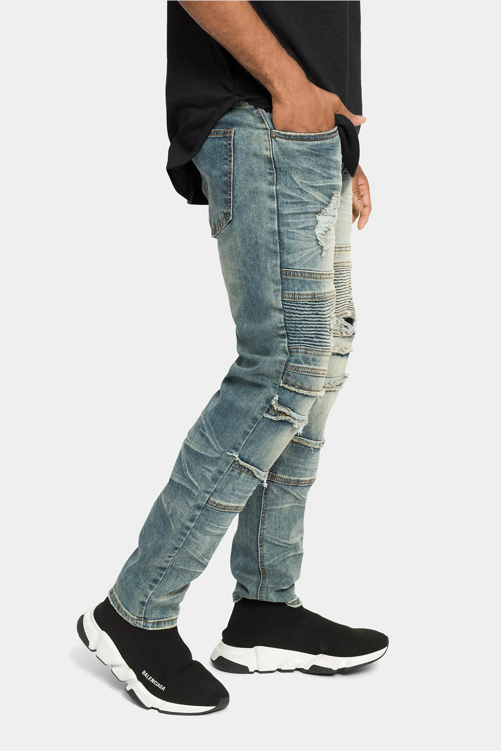 Distressed Stacked Biker Denim Jeans - Image 9