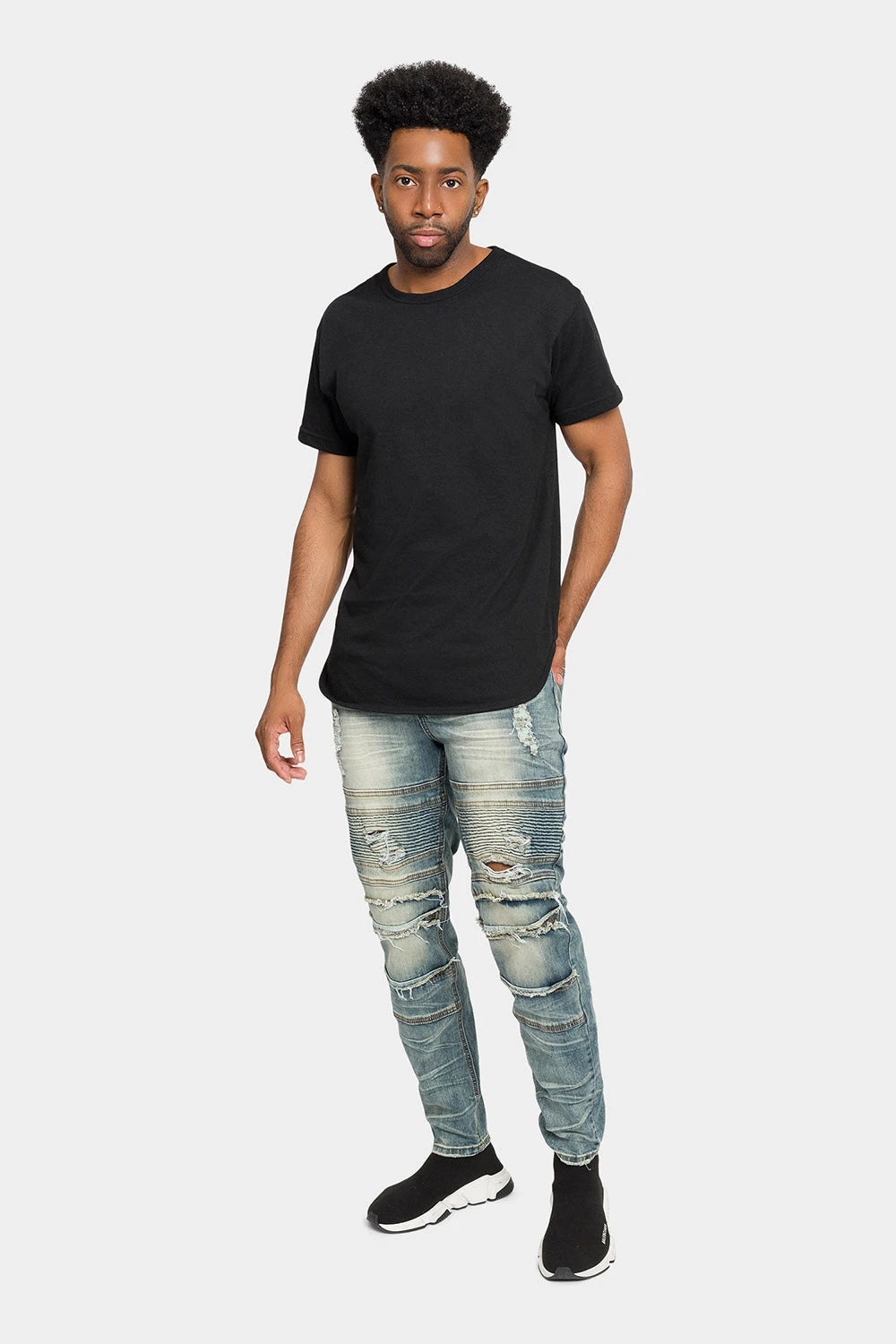 Distressed Stacked Biker Denim Jeans - Image 10