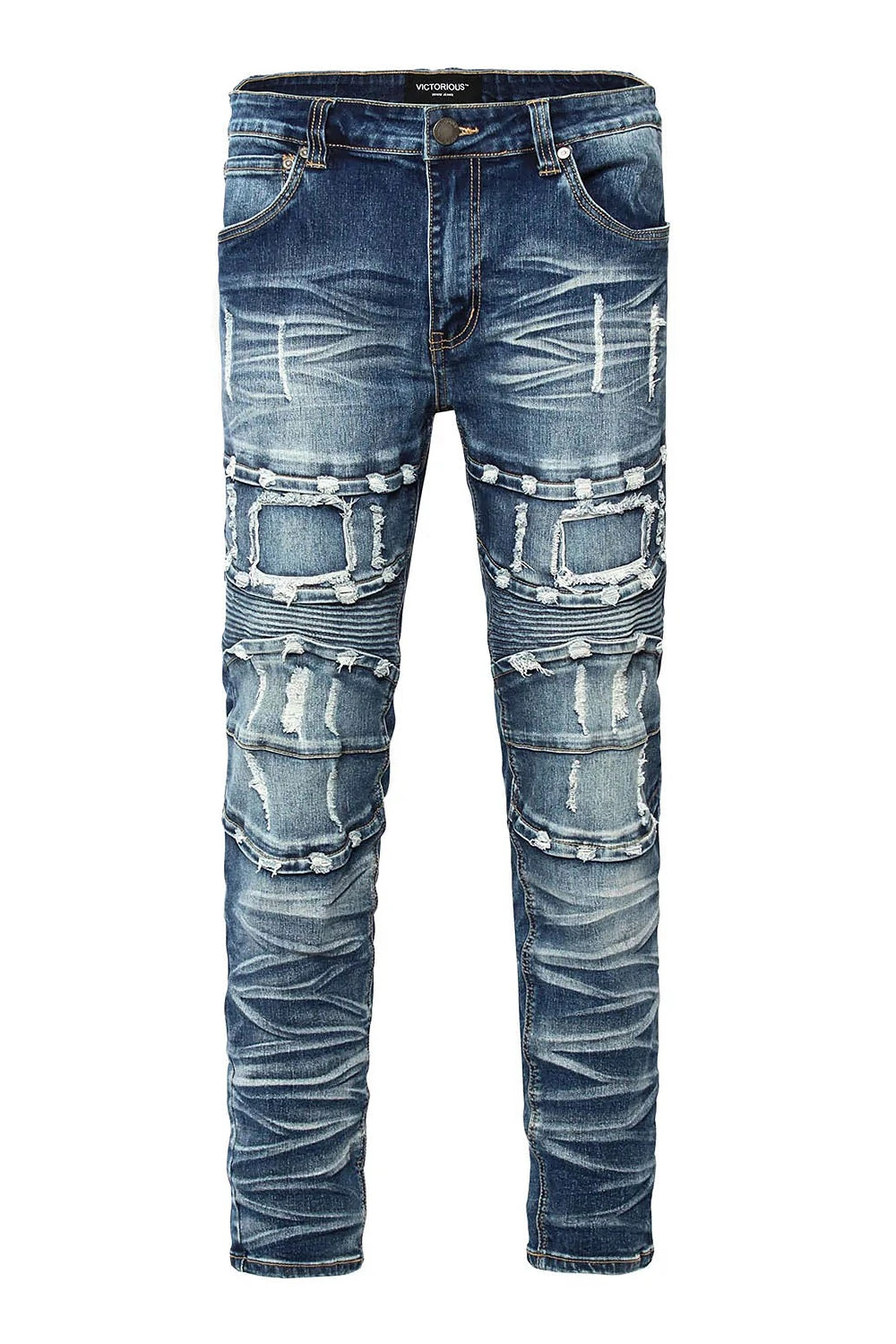 Distressed Stacked Washed Biker Denim Jeans - Image 5