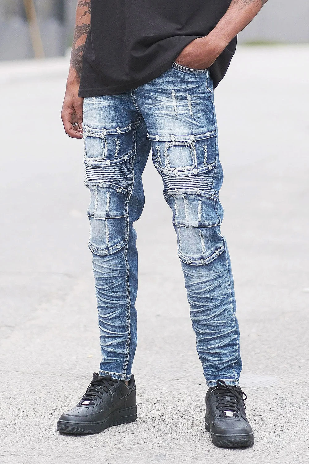 Distressed Stacked Washed Biker Denim Jeans - Image 10