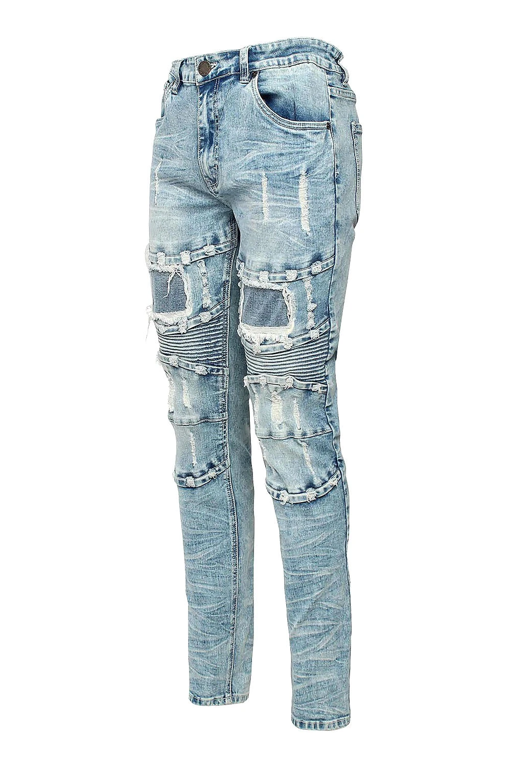 Distressed Stacked Washed Biker Denim Jeans - Image 2