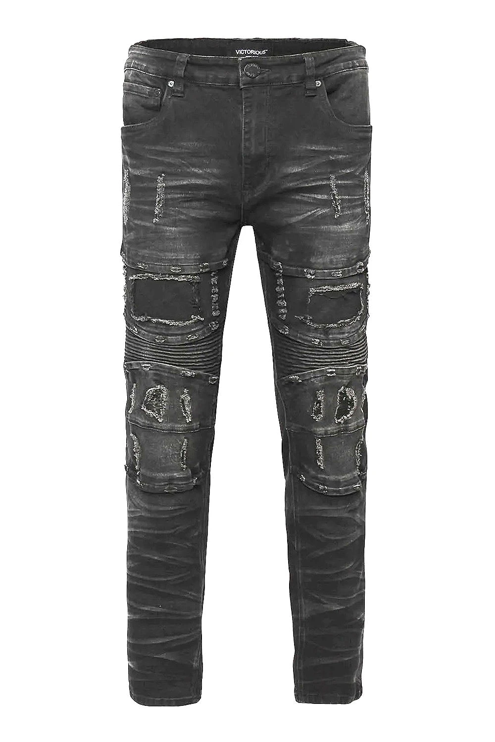 Distressed Stacked Washed Biker Denim Jeans - Image 8