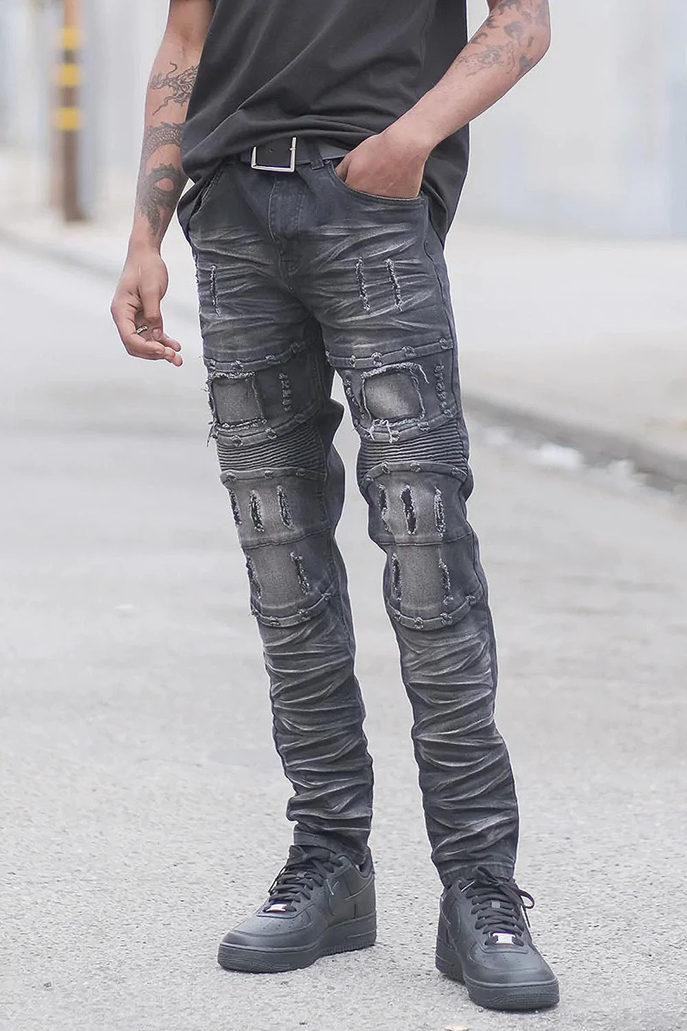 Distressed Stacked Washed Biker Denim Jeans - Image 9