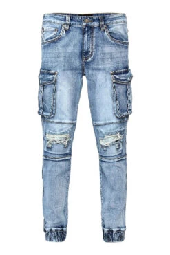 Distressed Washed Cargo Denim Joggers