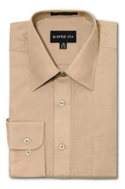 Omega Men's Basic Solid Color Button Up Dress Shirt (Beige)