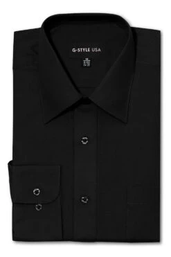 Omega Men's Basic Solid Color Button Up Dress Shirt (Black)