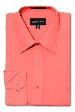 Omega Men's Basic Solid Color Button Up Dress Shirt (Coral)