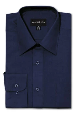 Omega Men's Basic Solid Color Button Up Dress Shirt (Navy)