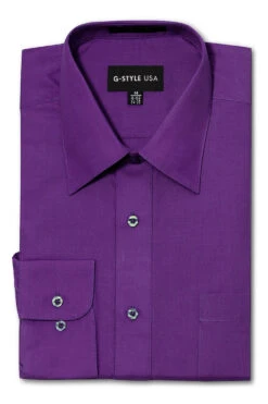 Omega Men's Basic Solid Color Button Up Dress Shirt (Purple)