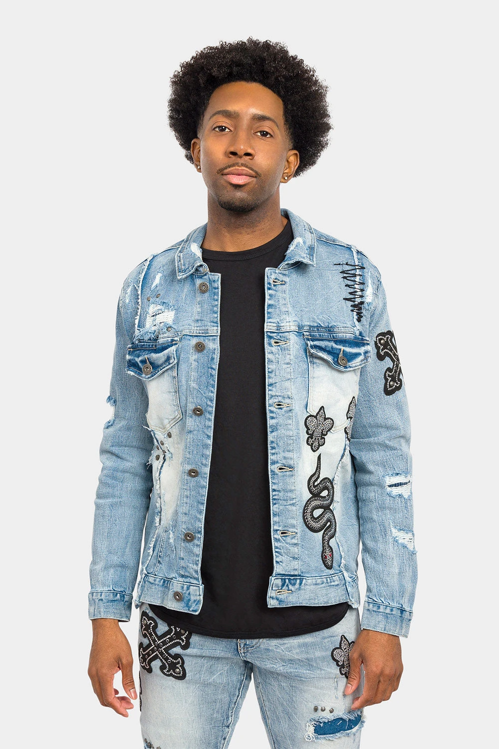 Crystals Embellished Patches Studded Denim Jacket