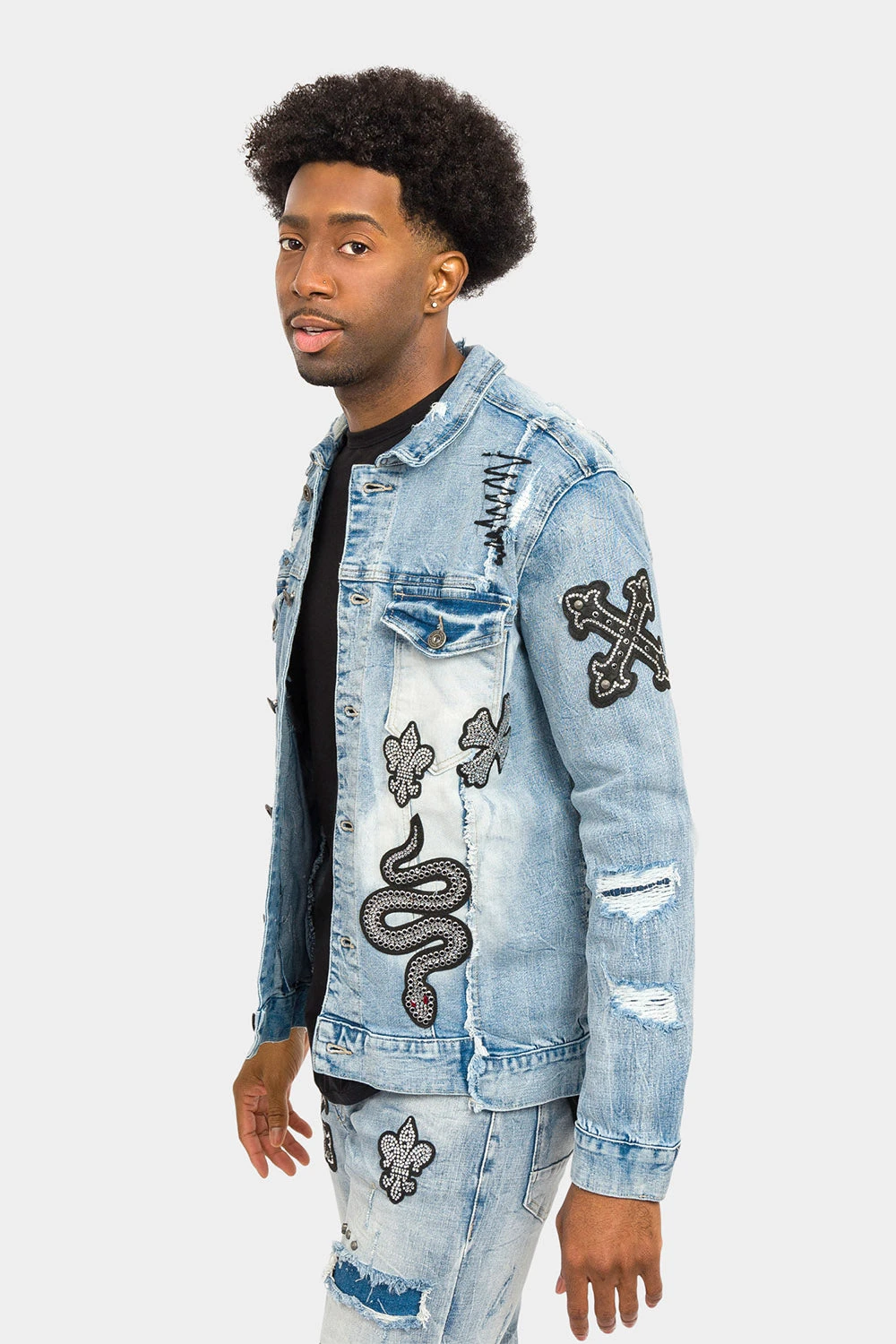 Crystals Embellished Patches Studded Denim Jacket - Image 2
