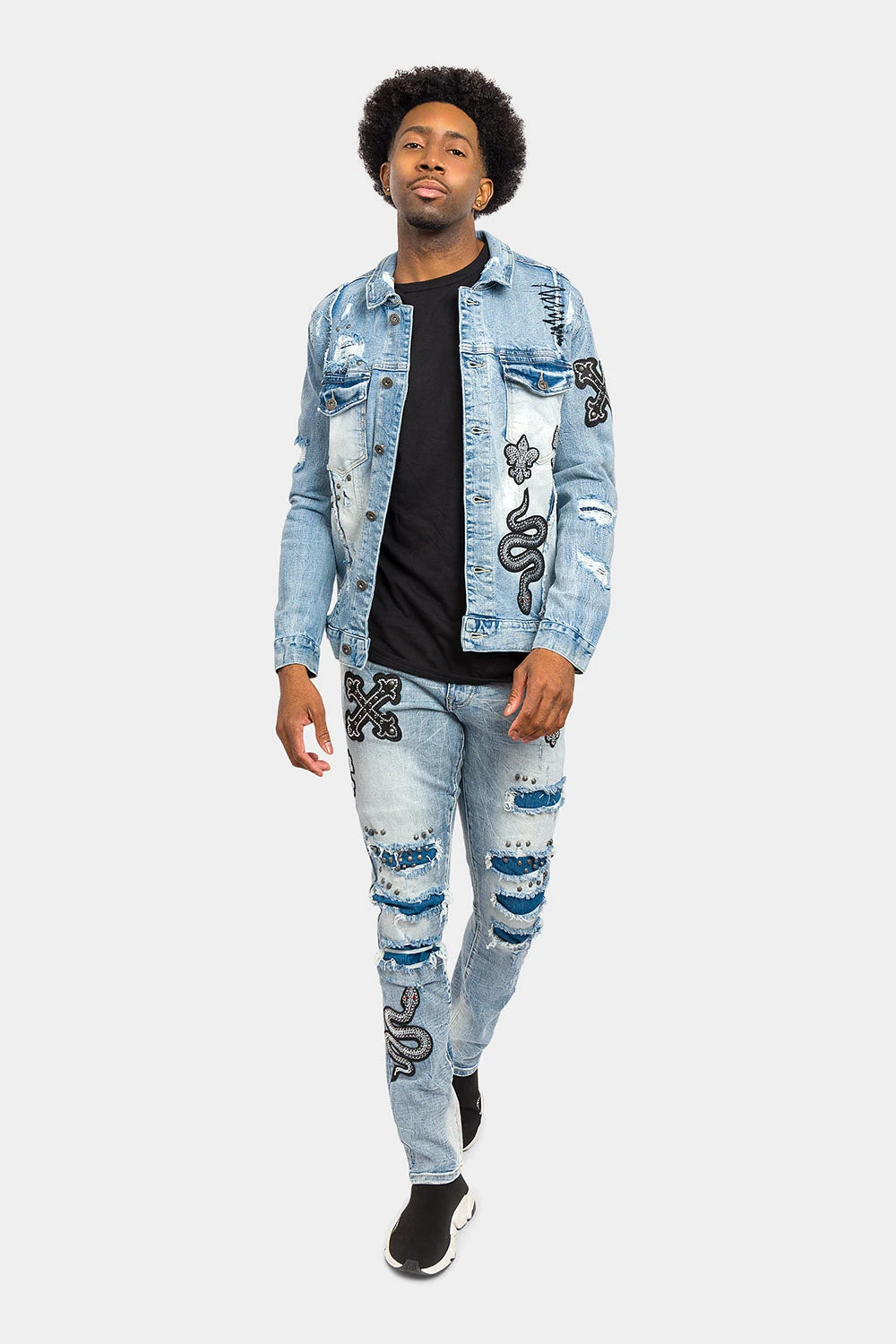 Crystals Embellished Patches Studded Denim Jacket - Image 5