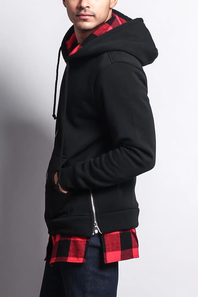 Plaid Flannel Accent Long Length Zip Hoodie - Image 3