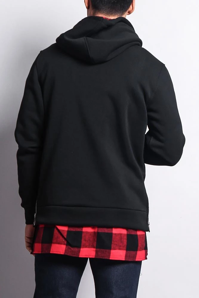 Plaid Flannel Accent Long Length Zip Hoodie - Image 4