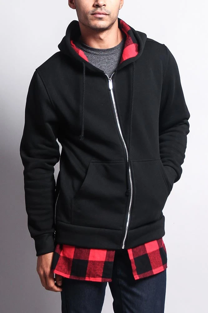 Plaid Flannel Accent Long Length Zip Hoodie - Image 5