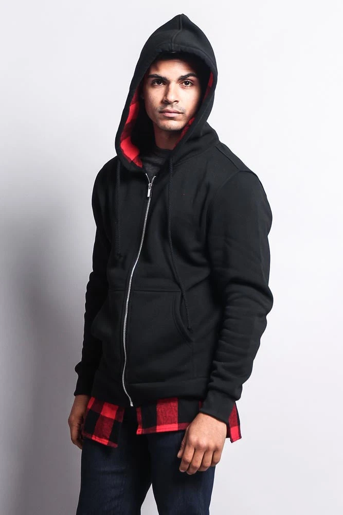 Plaid Flannel Accent Long Length Zip Hoodie - Image 6