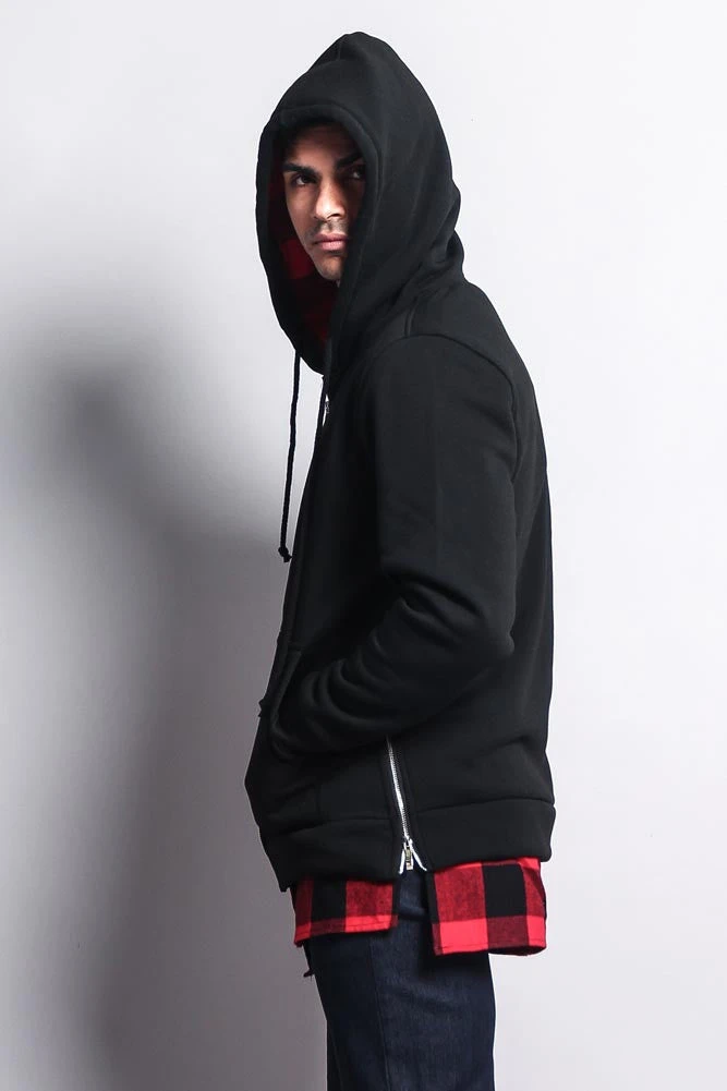 Plaid Flannel Accent Long Length Zip Hoodie - Image 7