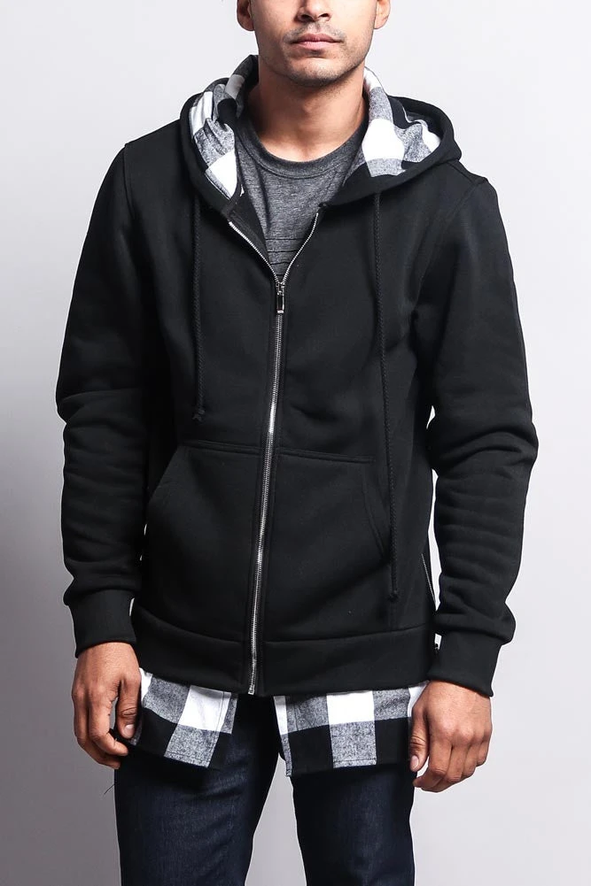 Plaid Flannel Accent Long Length Zip Hoodie - Image 2