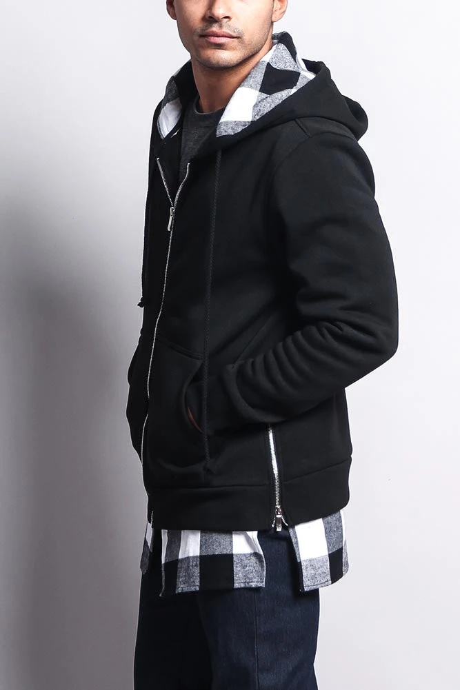 Plaid Flannel Accent Long Length Zip Hoodie - Image 9