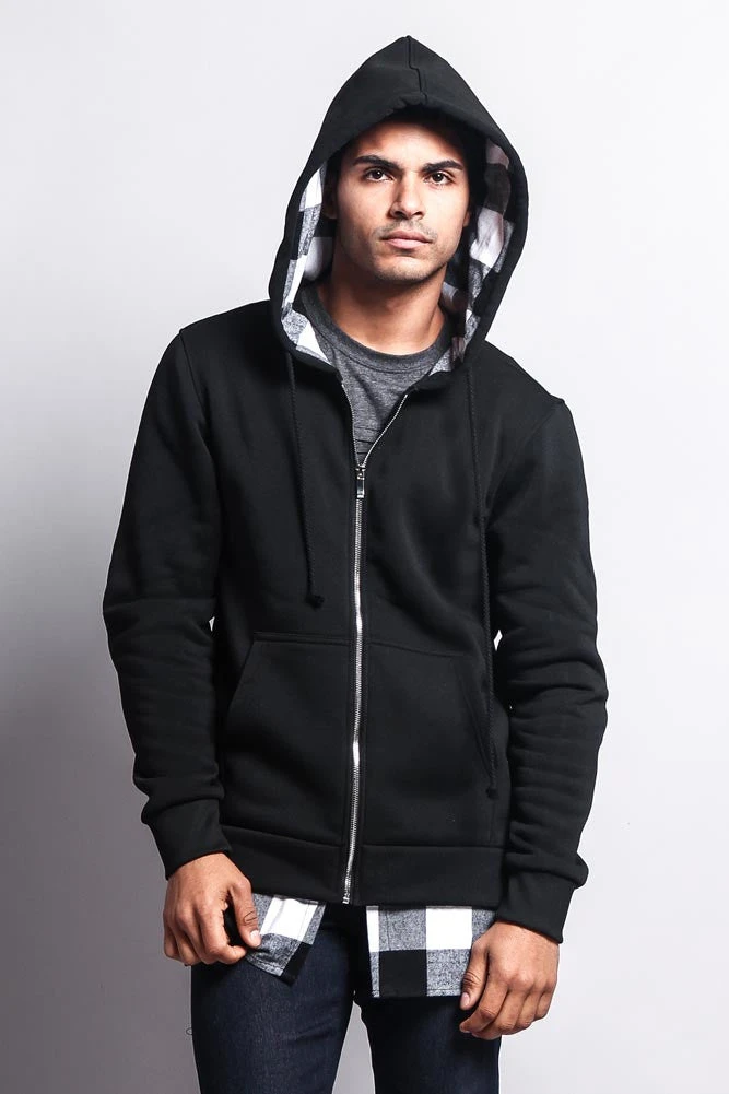 Plaid Flannel Accent Long Length Zip Hoodie - Image 12