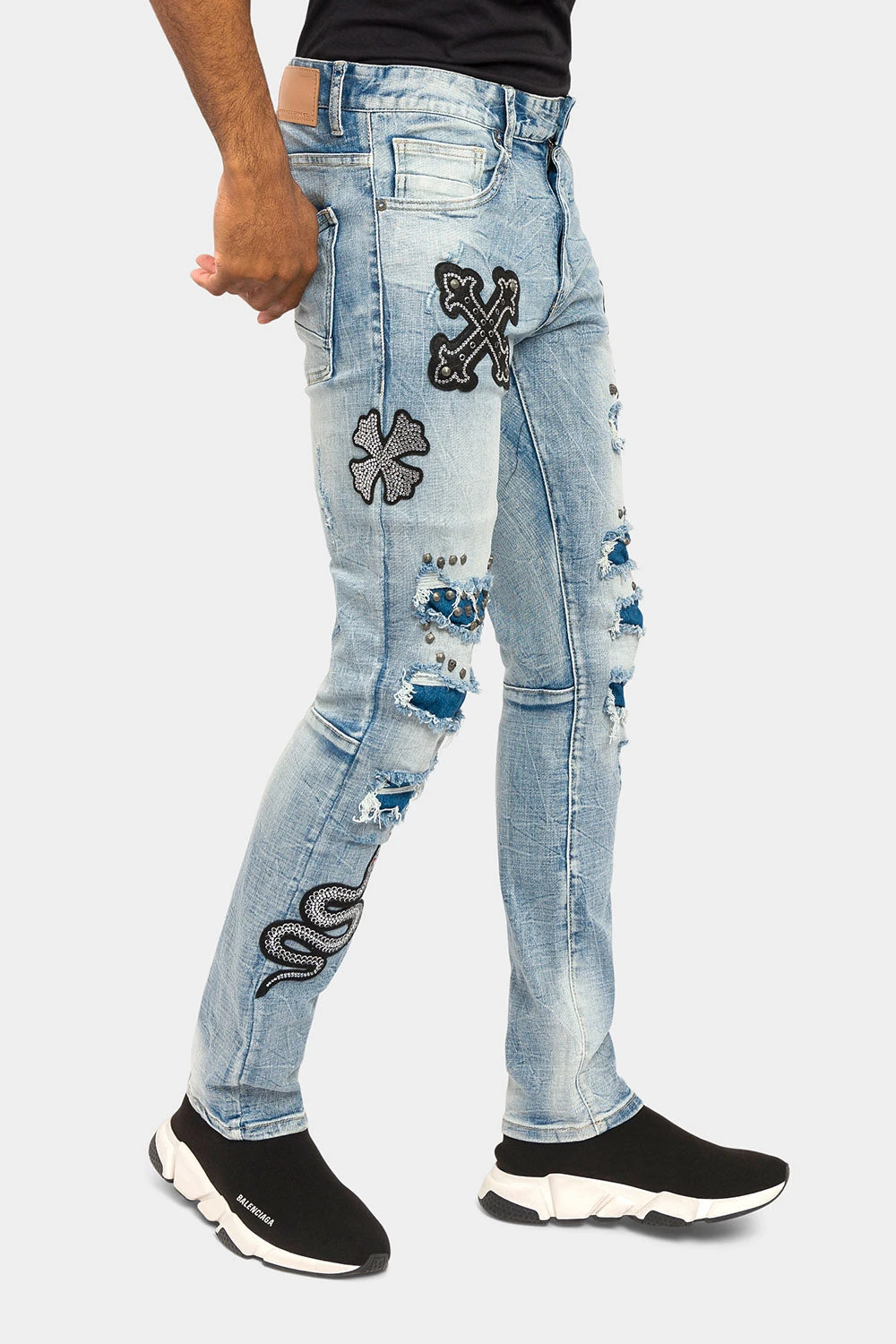 Crystals Embellished Patches Studded Denim Jeans - Image 4