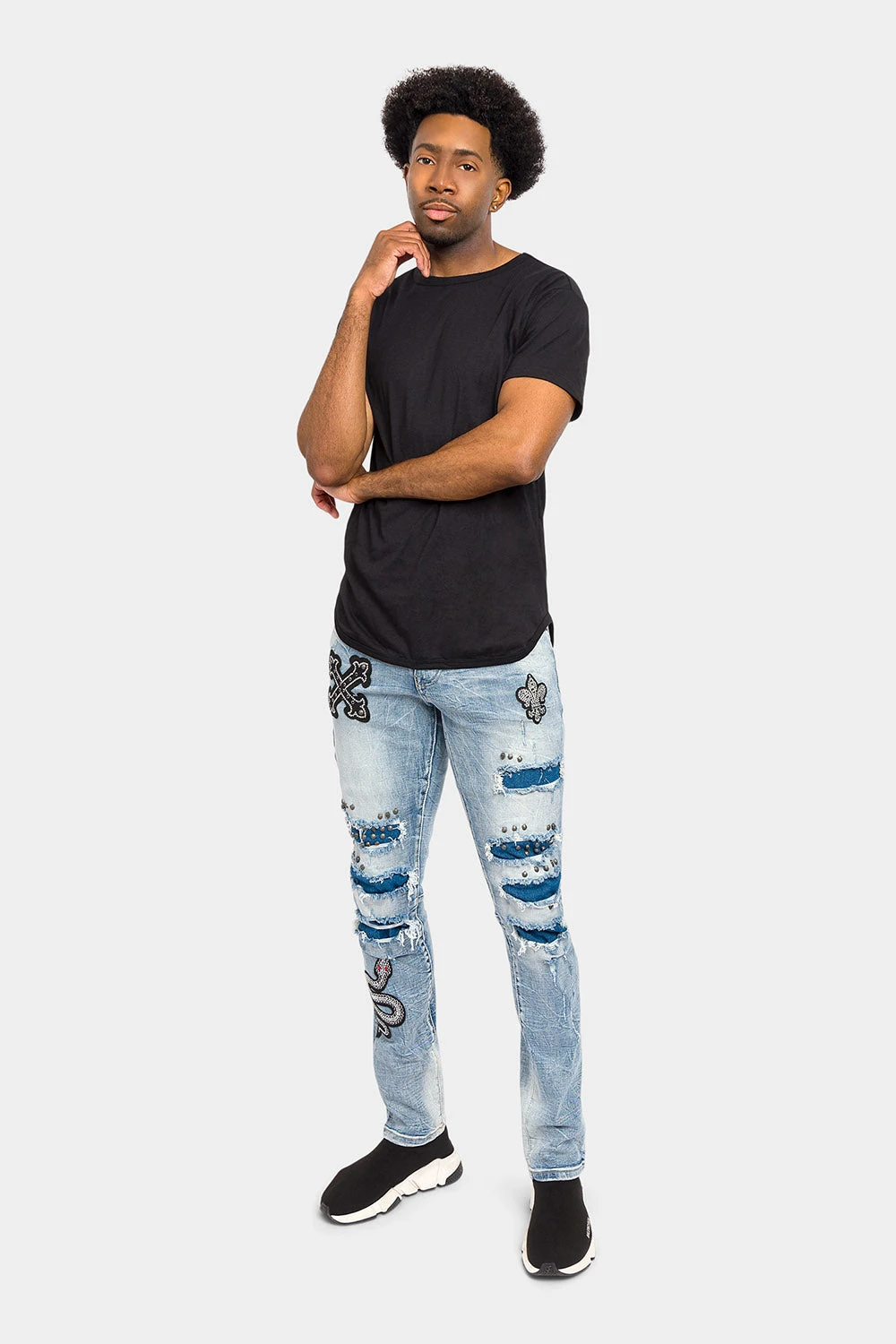 Crystals Embellished Patches Studded Denim Jeans - Image 5