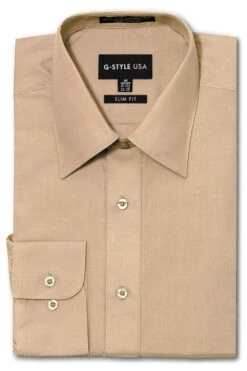 Omega Men's Slim Fit Solid Color Dress Shirt (Beige)