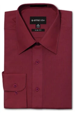 Omega Men's Slim Fit Solid Color Dress Shirt (Burgundy)