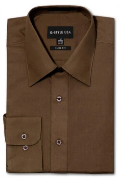 Omega Men's Slim Fit Solid Color Dress Shirt (Brown)