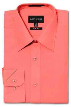 Omega Men's Slim Fit Solid Color Dress Shirt (Coral)