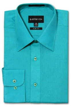 Omega Men's Slim Fit Solid Color Dress Shirt (Turquoise)