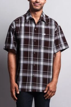 Western Casual Plaid Short Sleeve Button Up Shirt (Brown)