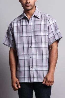 Western Casual Plaid Short Sleeve Button Up Shirt (Grey)